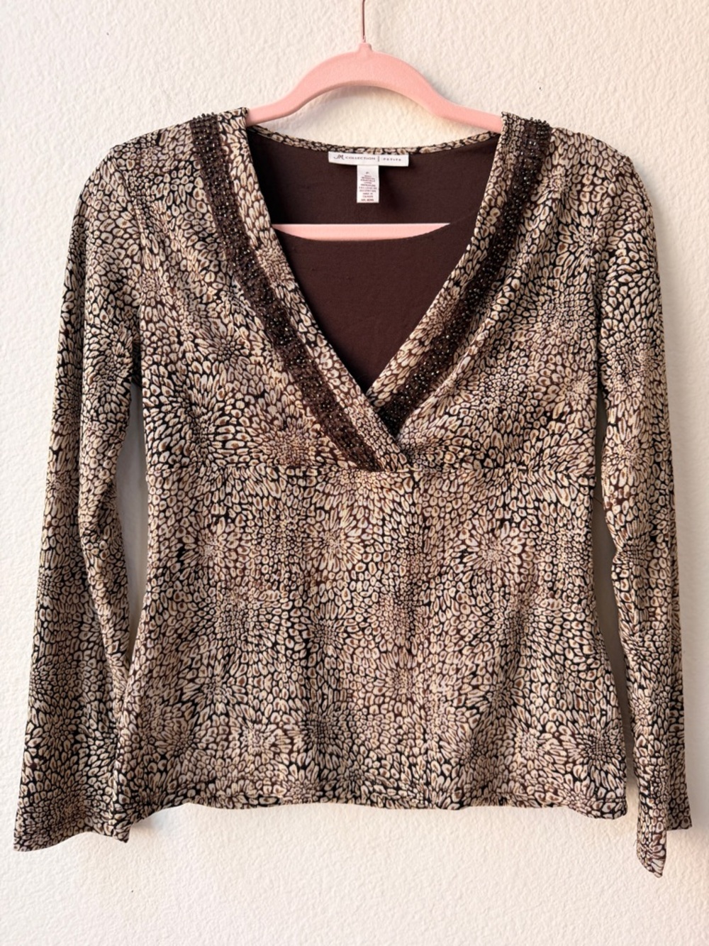 Y2K‎ Brown Floral Petite Top Fairycore Whimsigoth Boho Beaded V Neck Fitted S